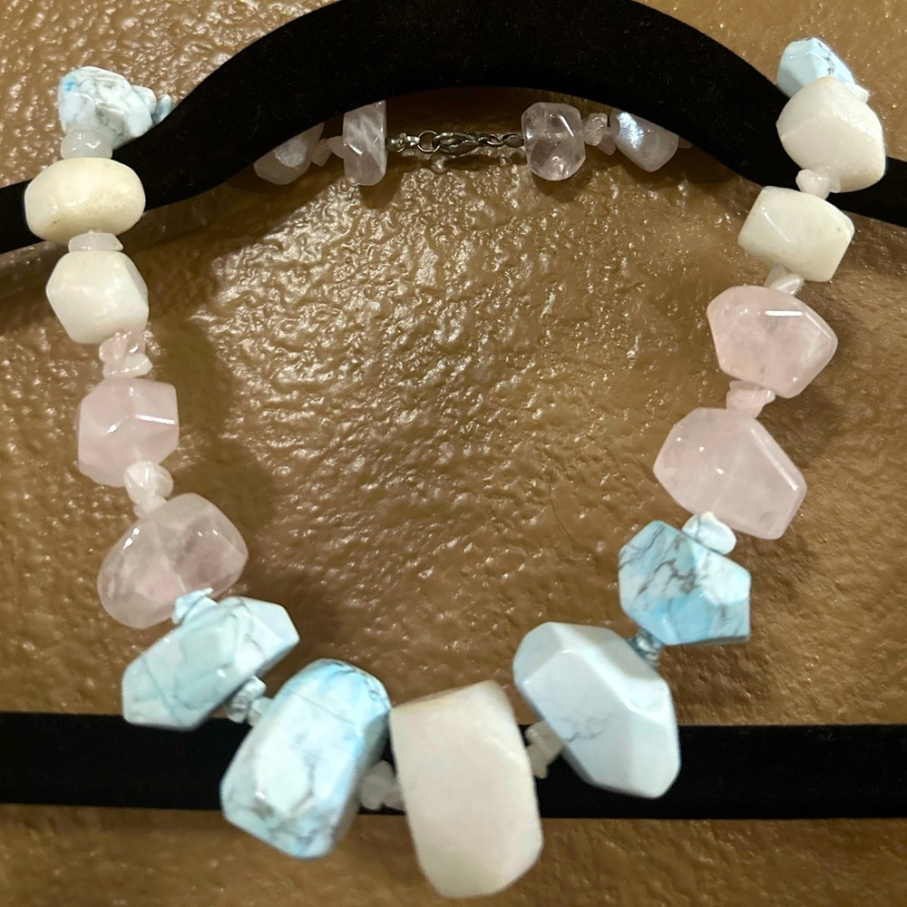 Italian Chunky Stone Statement Piece Necklace— Howlite, Rose Quartz, Turquoise.